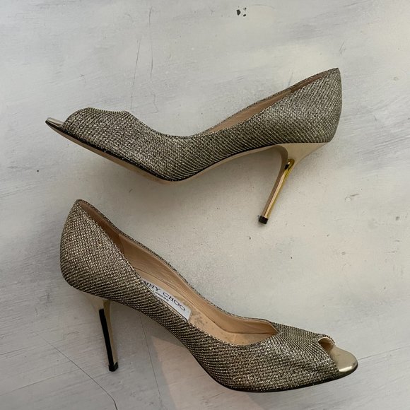 Jimmy Choo Peep Toe Pumps Sz 36.5 Gold Glitter High Stiletto Heels - Picture 5 of 11